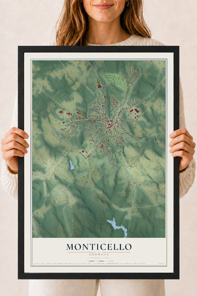 Monticello, Georgia map print, 18" x 24" W/ Black Ayous Wood Frame mockup