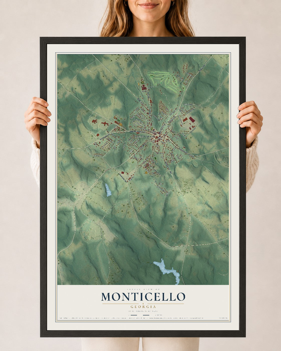 Monticello, Georgia map print, 24" x 36" W/ Black Ayous Wood Frame mockup