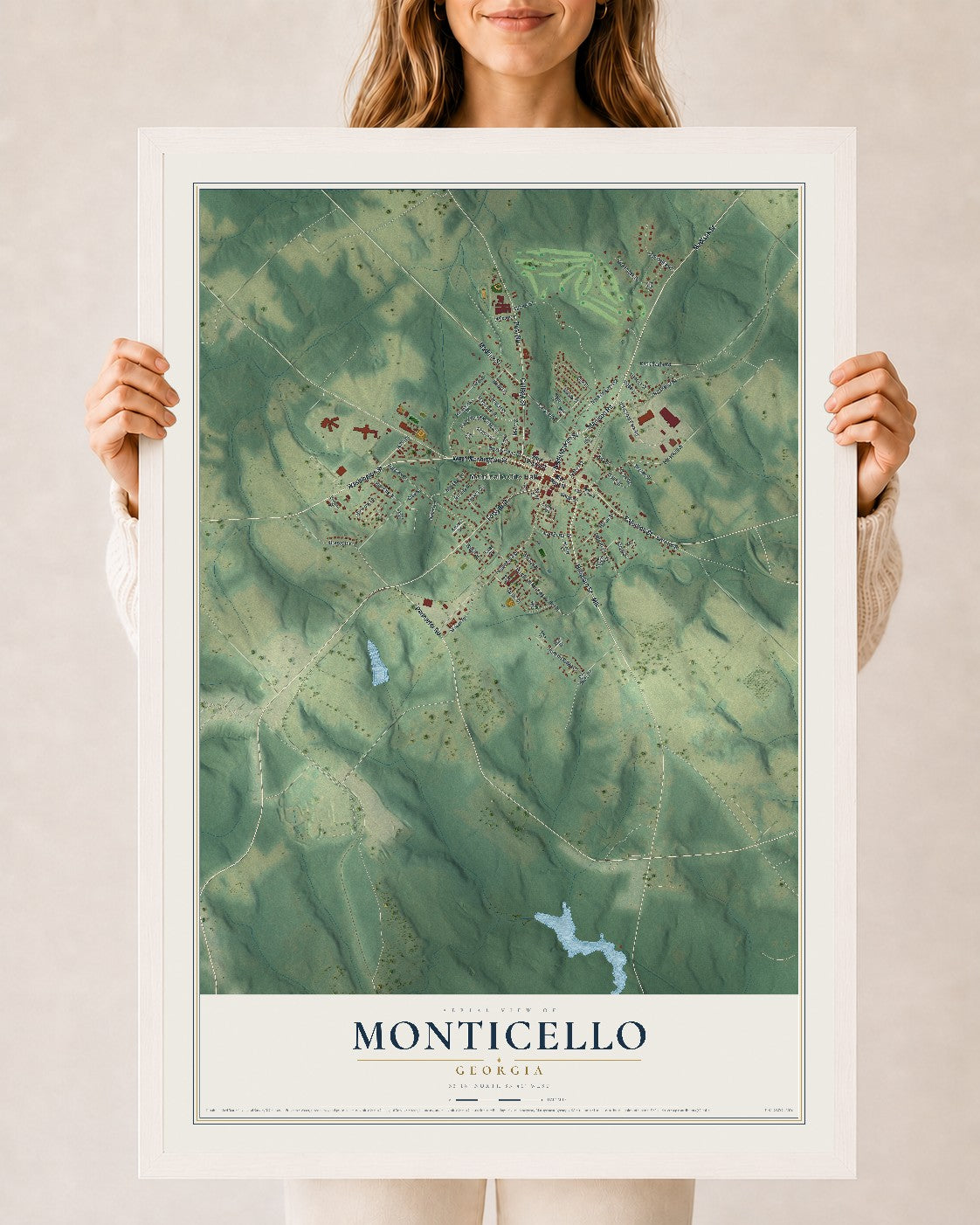 Monticello, Georgia map print, 24" x 36" W/ White Ayous Wood Frame mockup