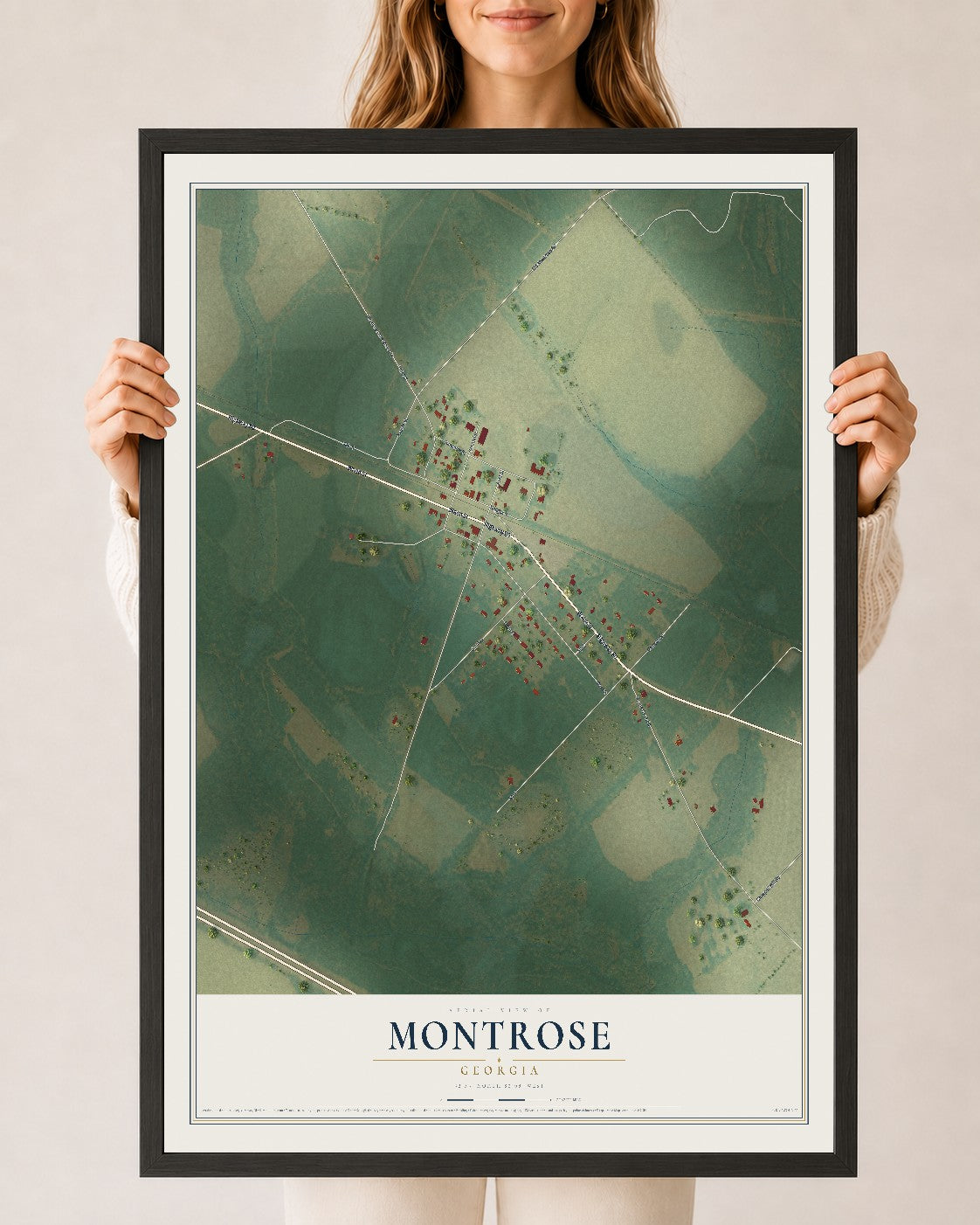 Montrose, Georgia map print, 24" x 36" W/ Black Ayous Wood Frame mockup