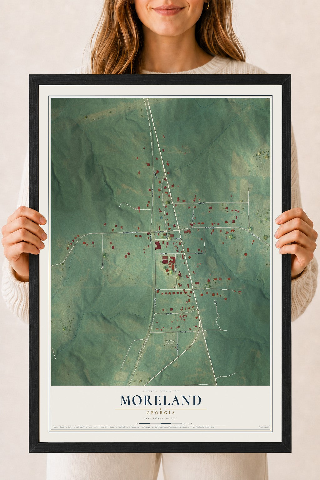 Moreland, Georgia map print, 18" x 24" W/ Black Ayous Wood Frame mockup