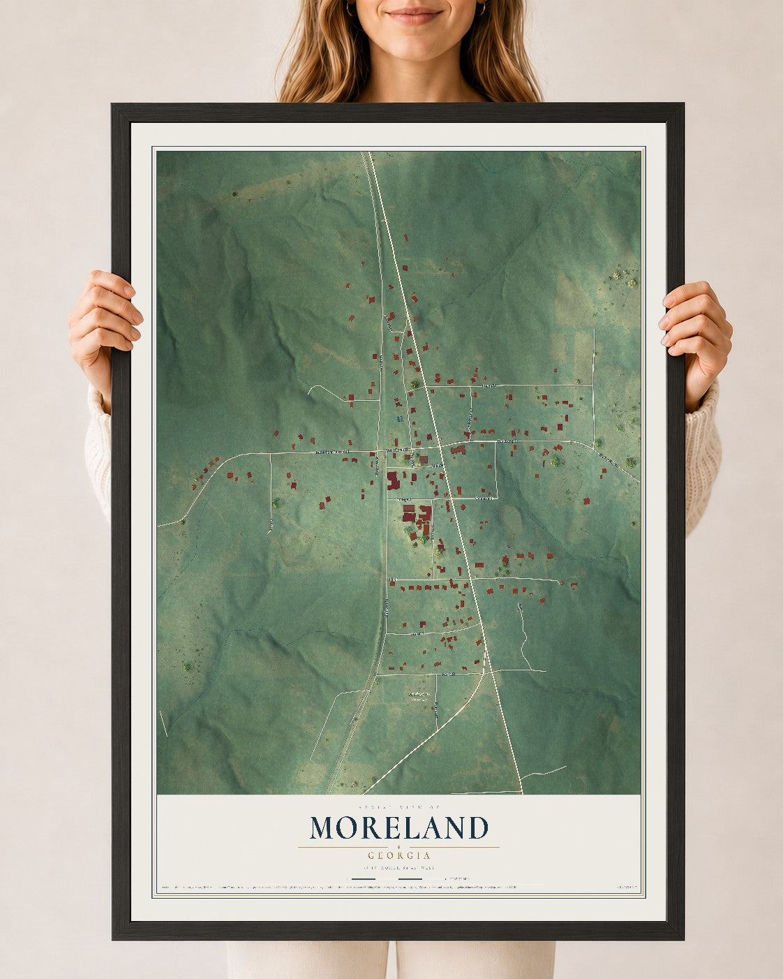 Moreland, Georgia map print, 24" x 36" W/ Black Ayous Wood Frame mockup