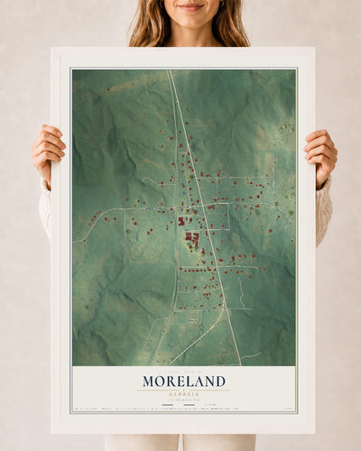 Moreland, Georgia map print, 24" x 36" W/ White Ayous Wood Frame mockup