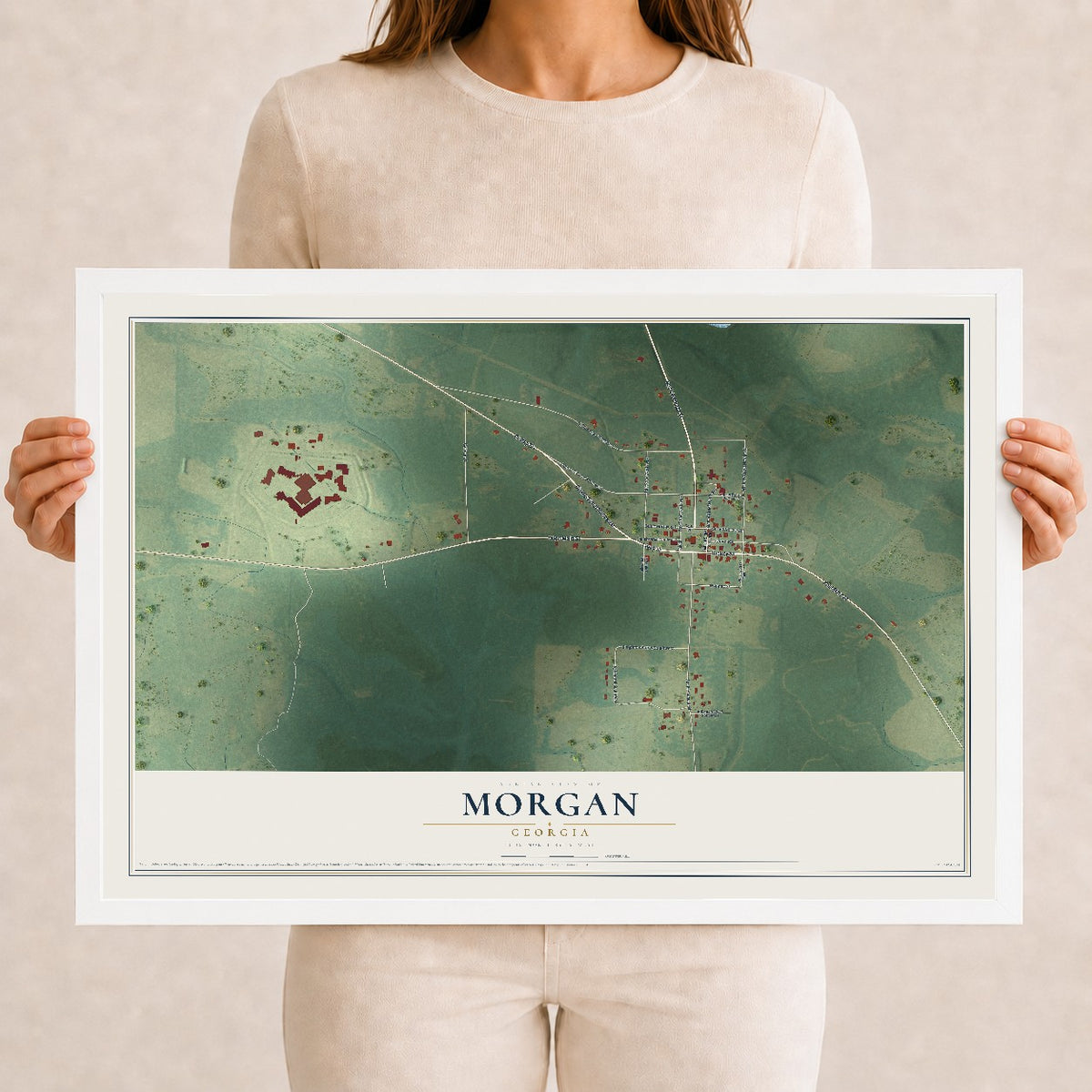 Morgan, Georgia map print, 12" x 18" W/ White Ayous Wood Frame mockup