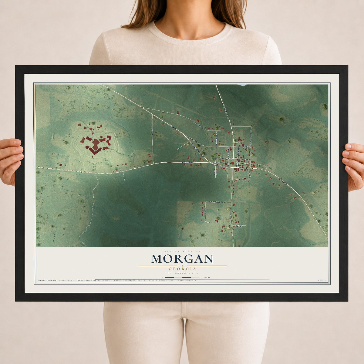Morgan, Georgia map print, 18" x 24" W/ Black Ayous Wood Frame mockup