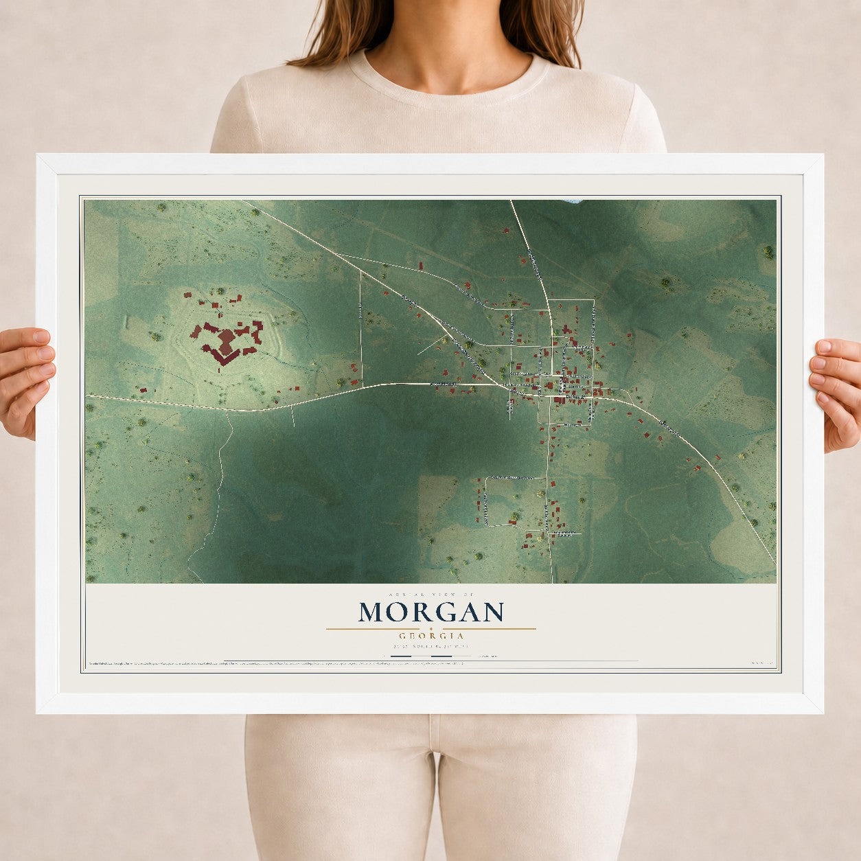 Morgan, Georgia map print, 18" x 24" W/ White Ayous Wood Frame mockup