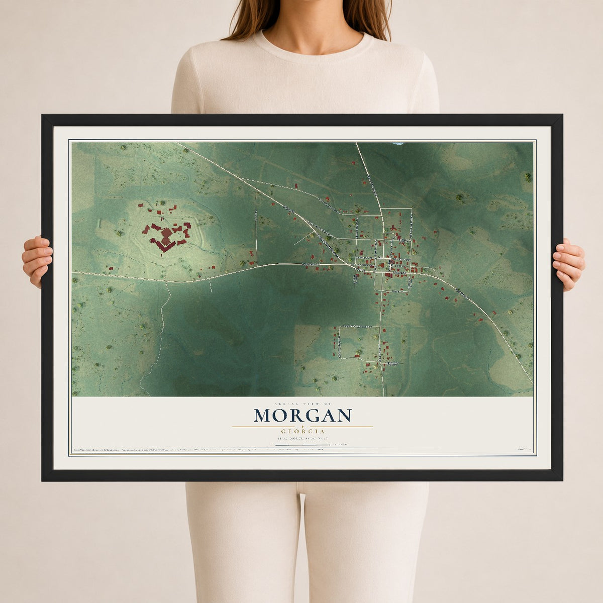Morgan, Georgia map print, 24" x 36" W/ Black Ayous Wood Frame mockup