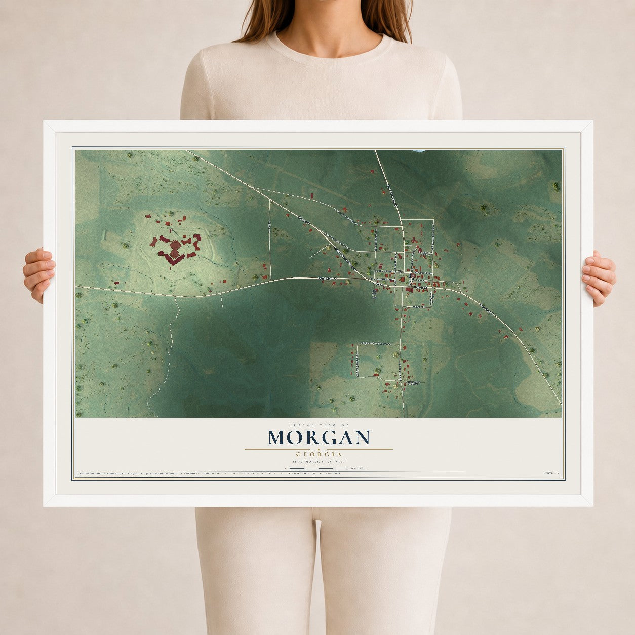 Morgan, Georgia map print, 24" x 36" W/ White Ayous Wood Frame mockup