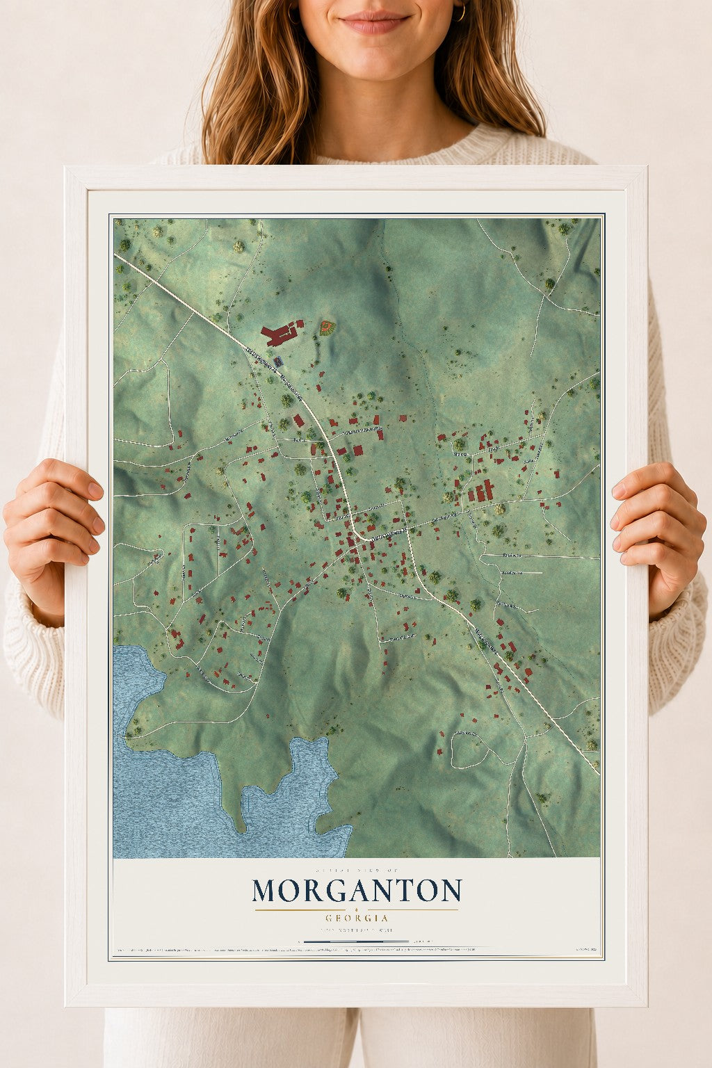 Morganton, Georgia map print, 18" x 24" W/ White Ayous Wood Frame mockup