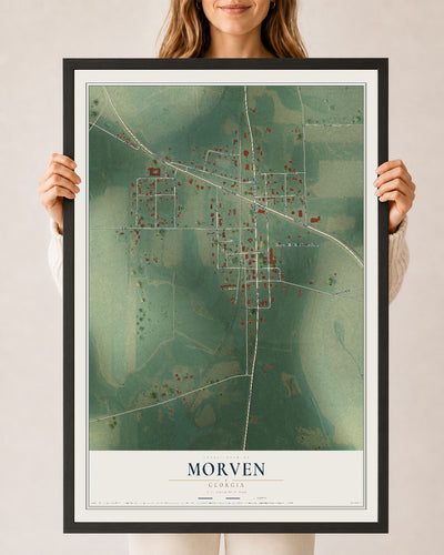 Morven, Georgia map print, 24" x 36" W/ Black Ayous Wood Frame mockup