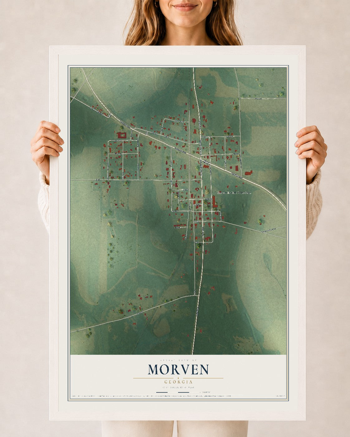 Morven, Georgia map print, 24" x 36" W/ White Ayous Wood Frame mockup