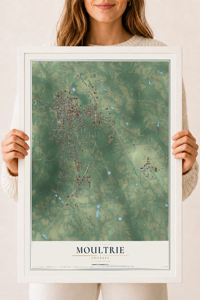 Moultrie, Georgia map print, 18" x 24" W/ White Ayous Wood Frame mockup