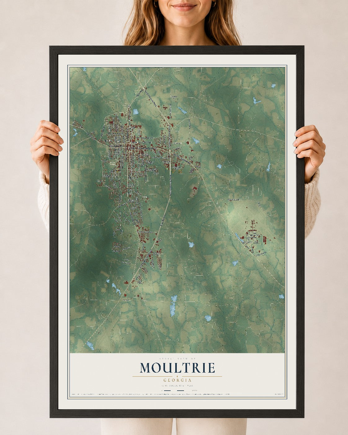 Moultrie, Georgia map print, 24" x 36" W/ Black Ayous Wood Frame mockup