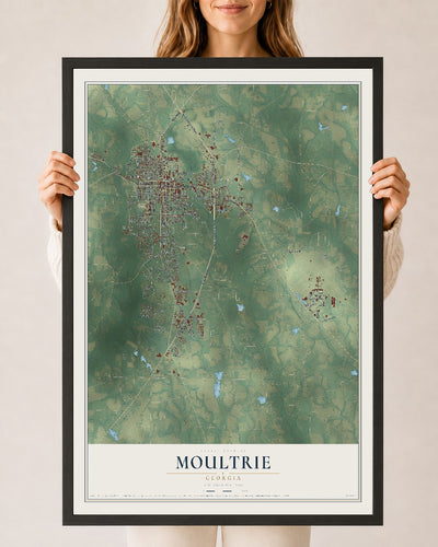 Moultrie, Georgia map print, 24" x 36" W/ Black Ayous Wood Frame mockup
