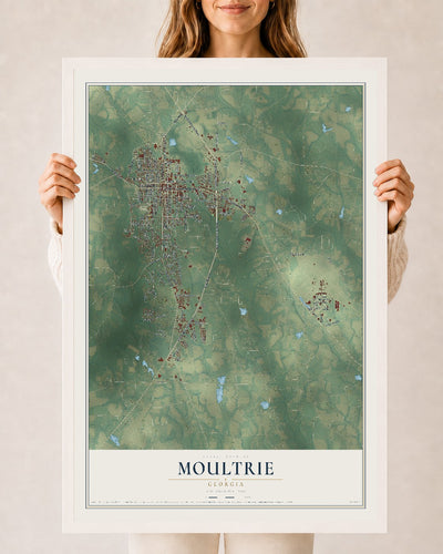 Moultrie, Georgia map print, 24" x 36" W/ White Ayous Wood Frame mockup