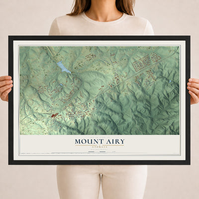 Mount Airy, Georgia map print, 18" x 24" W/ Black Ayous Wood Frame mockup