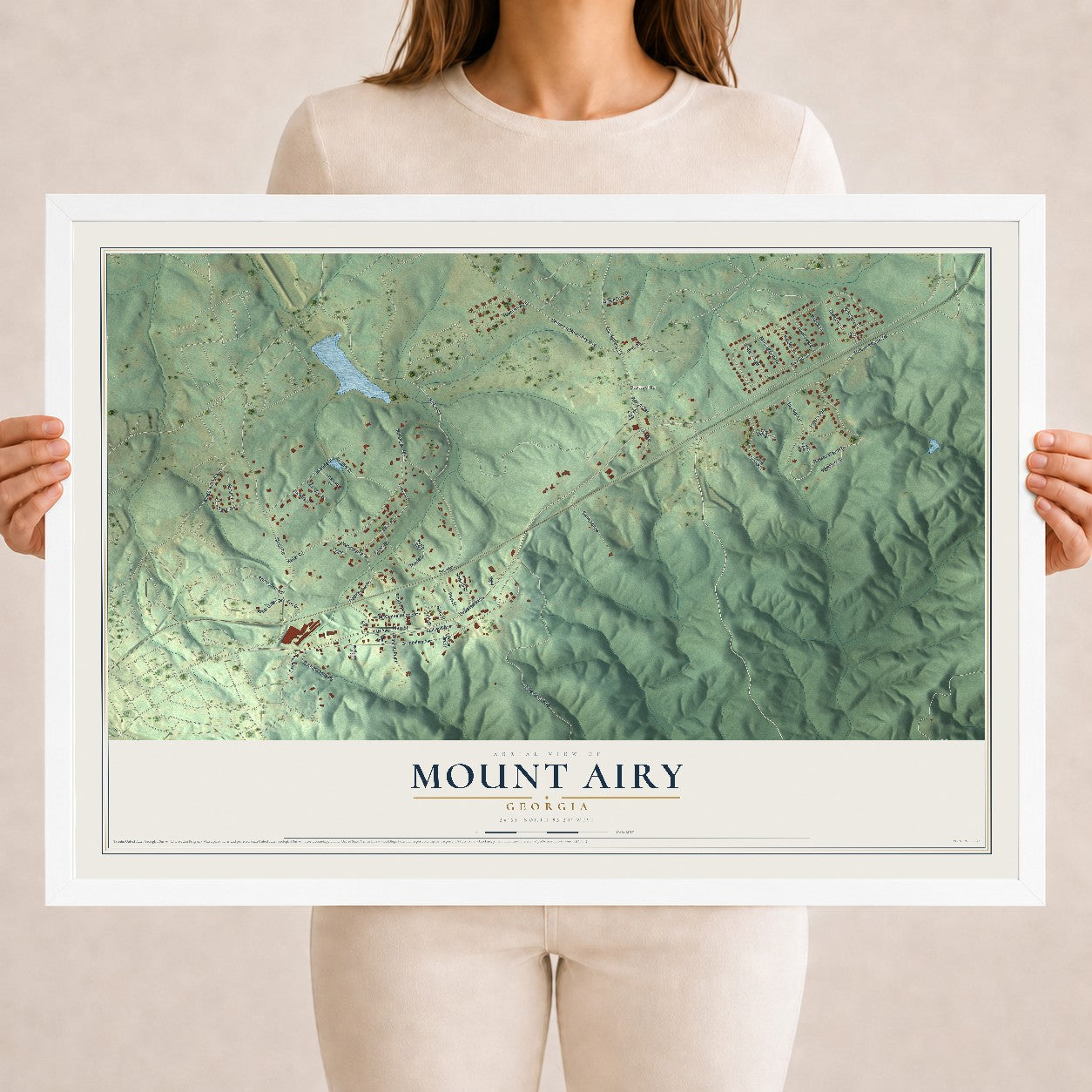 Mount Airy, Georgia map print, 18" x 24" W/ White Ayous Wood Frame mockup