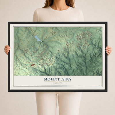 Mount Airy, Georgia map print, 24" x 36" W/ Black Ayous Wood Frame mockup