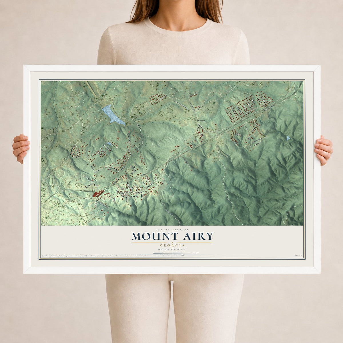 Mount Airy, Georgia map print, 24" x 36" W/ White Ayous Wood Frame mockup