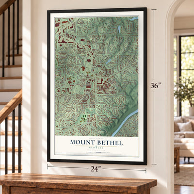 Mount Bethel, Georgia map, 24 x 36 inch print in a black frame by a staircase