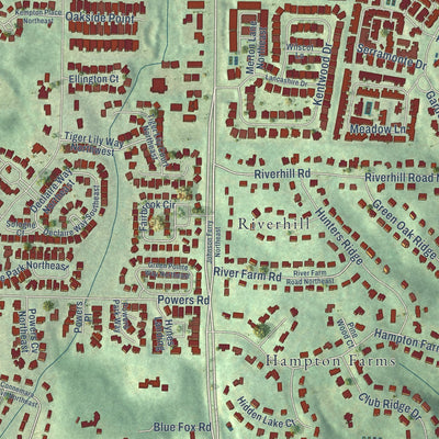 Close-up of the map of Mount Bethel, Georgia print showing street and building detail