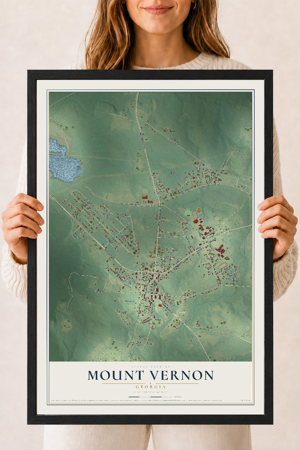 Mount Vernon, Georgia map print, 18" x 24" W/ Black Ayous Wood Frame mockup