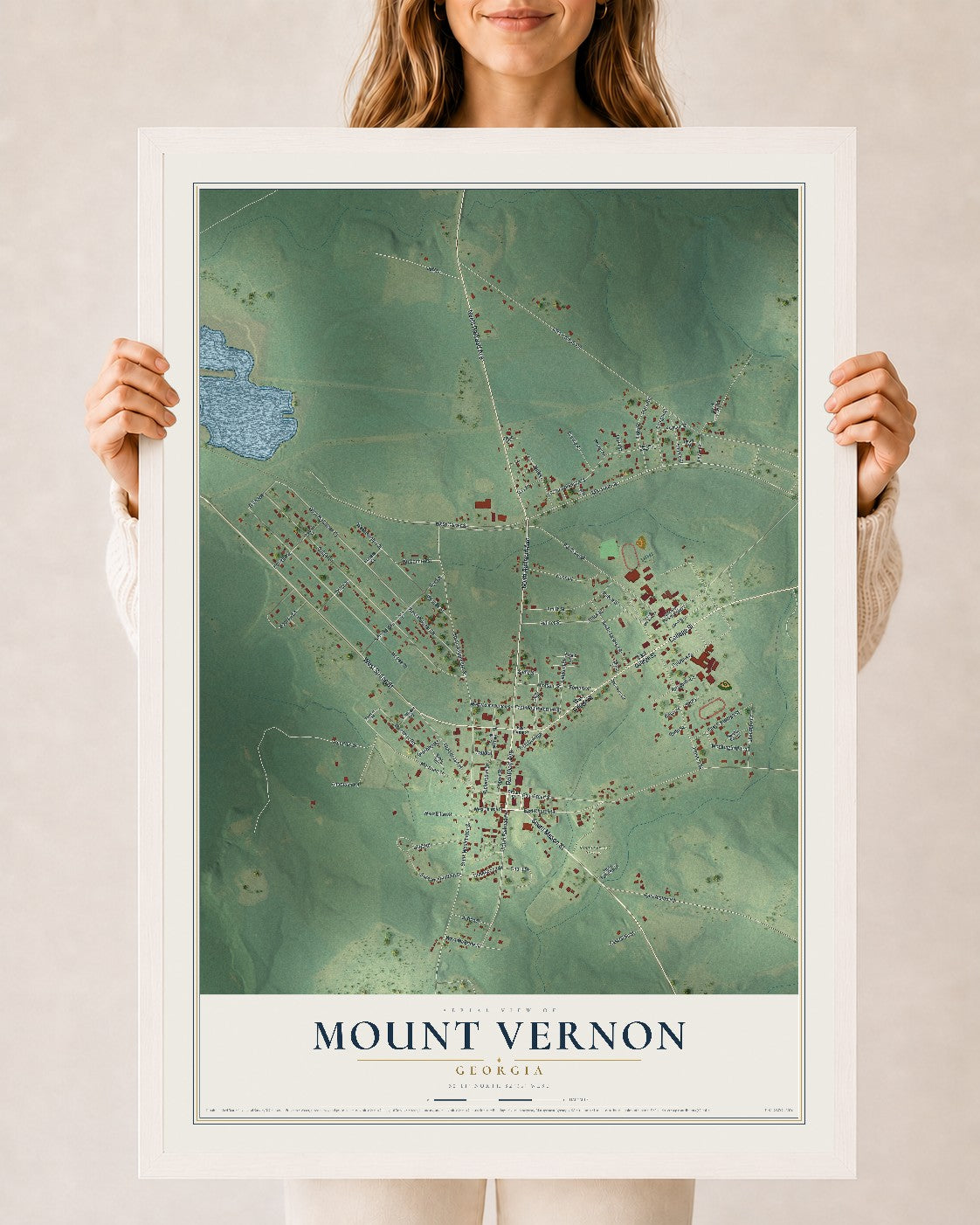 Mount Vernon, Georgia map print, 24" x 36" W/ White Ayous Wood Frame mockup