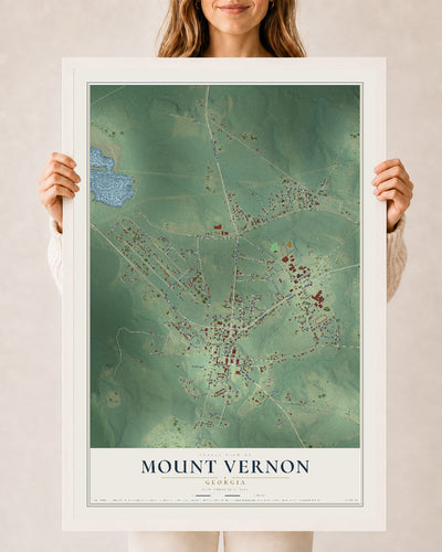 Mount Vernon, Georgia map print, 24" x 36" W/ White Ayous Wood Frame mockup