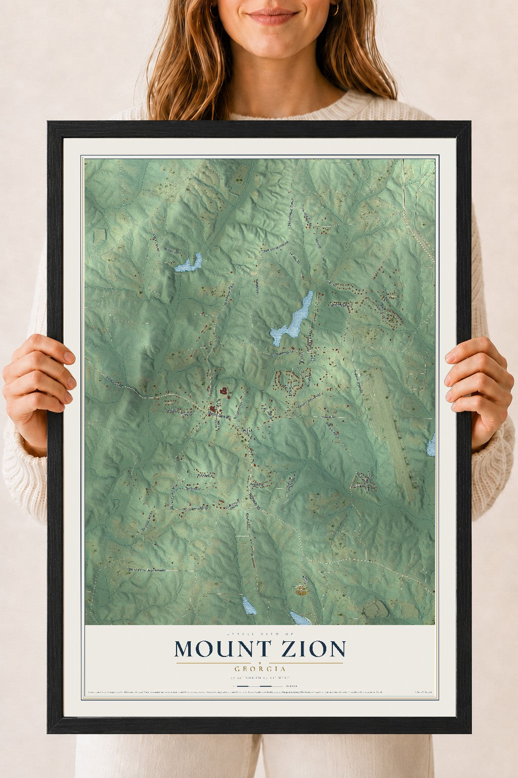 Mount Zion, Georgia map print, 18" x 24" W/ Black Ayous Wood Frame mockup
