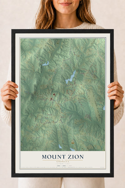 Mount Zion, Georgia map print, 18" x 24" W/ Black Ayous Wood Frame mockup