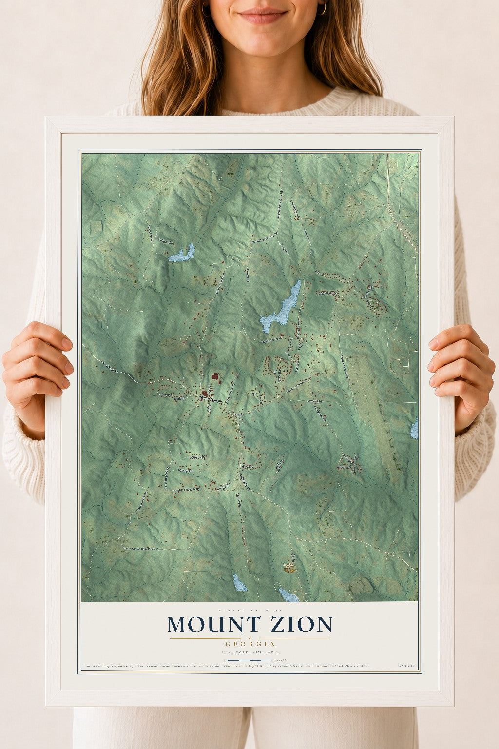 Mount Zion, Georgia map print, 18" x 24" W/ White Ayous Wood Frame mockup