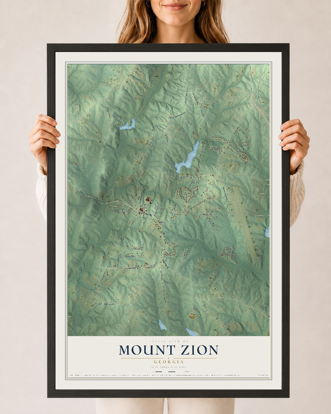 Mount Zion, Georgia map print, 24" x 36" W/ Black Ayous Wood Frame mockup