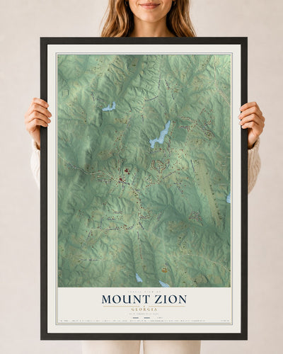 Mount Zion, Georgia map print, 24" x 36" W/ Black Ayous Wood Frame mockup