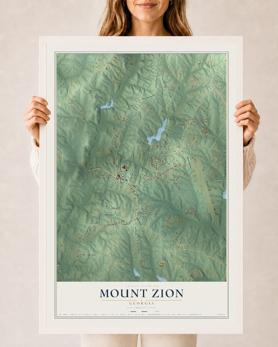 Mount Zion, Georgia map print, 24" x 36" W/ White Ayous Wood Frame mockup