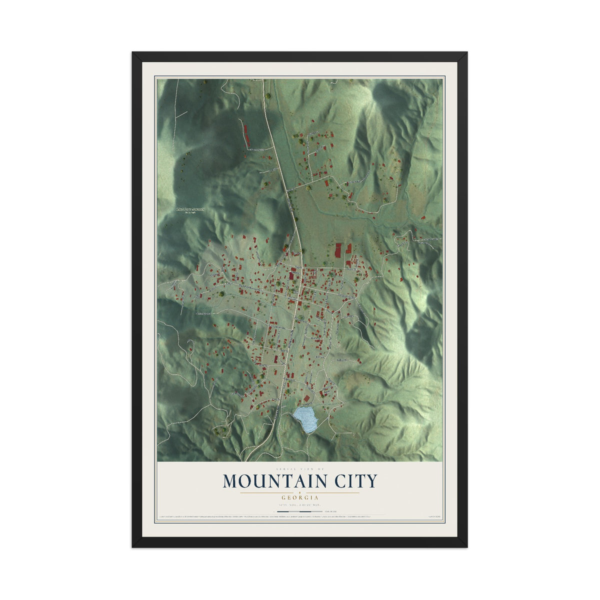 Mountain City, Georgia map print, 12" x 18" W/ Black Ayous Wood Frame mockup