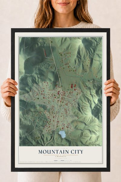 Mountain City, Georgia map print, 18" x 24" W/ Black Ayous Wood Frame mockup