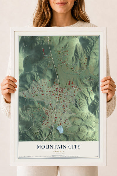 Mountain City, Georgia map print, 18" x 24" W/ White Ayous Wood Frame mockup