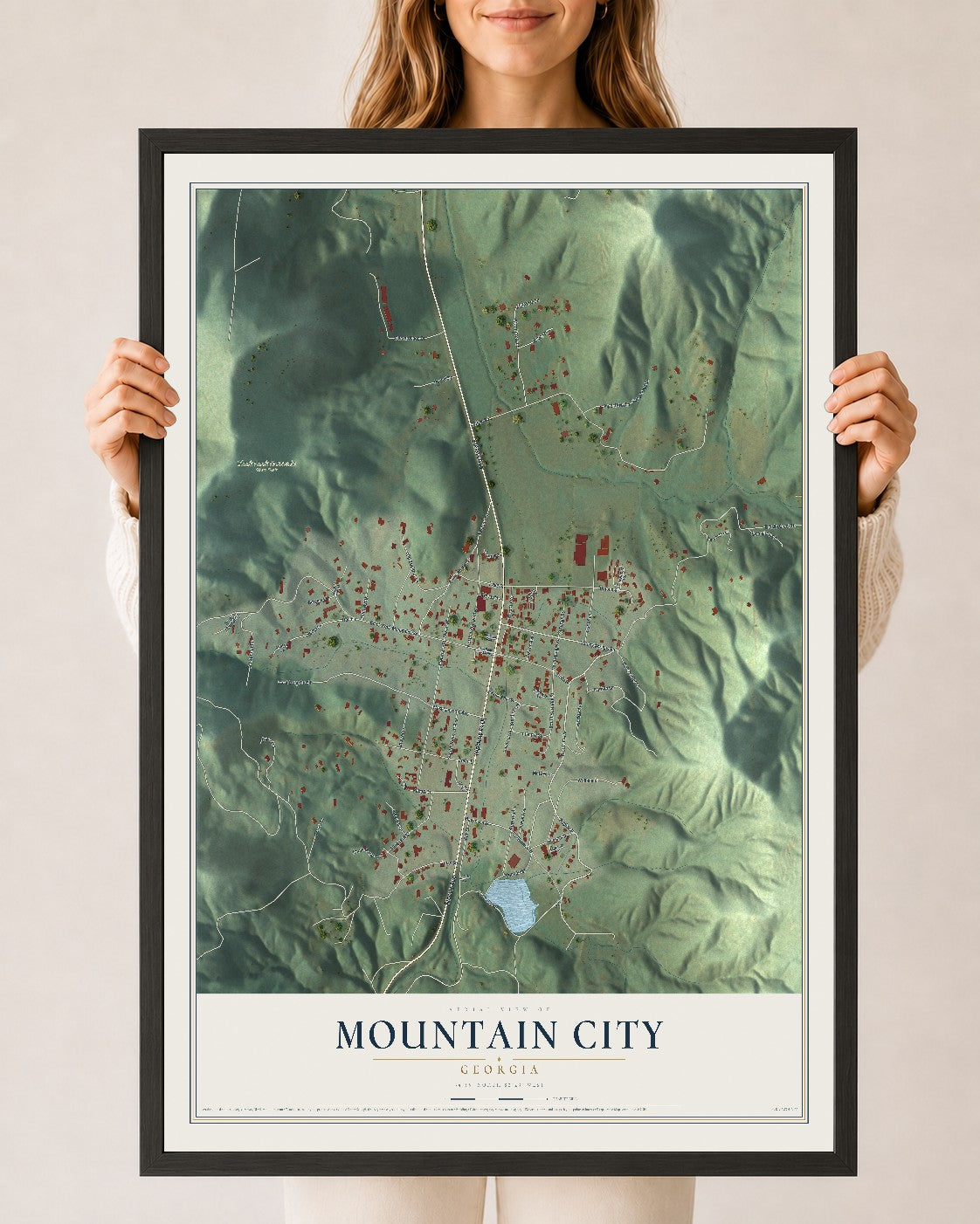 Mountain City, Georgia map print, 24" x 36" W/ Black Ayous Wood Frame mockup
