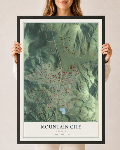 Mountain City, Georgia map print, 24" x 36" W/ Black Ayous Wood Frame mockup