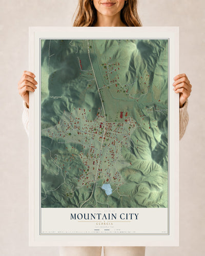 Mountain City, Georgia map print, 24" x 36" W/ White Ayous Wood Frame mockup