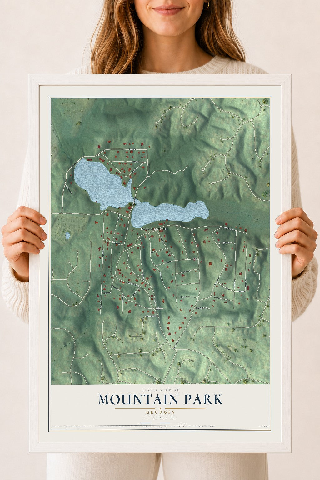 Mountain Park, Georgia map print, 18" x 24" W/ White Ayous Wood Frame mockup