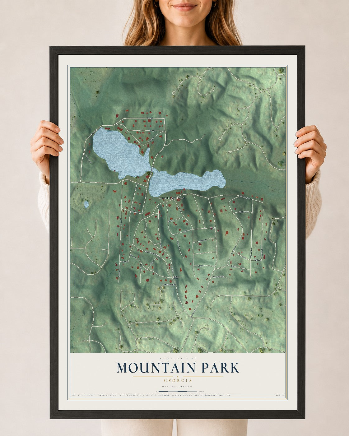 Mountain Park, Georgia map print, 24" x 36" W/ Black Ayous Wood Frame mockup