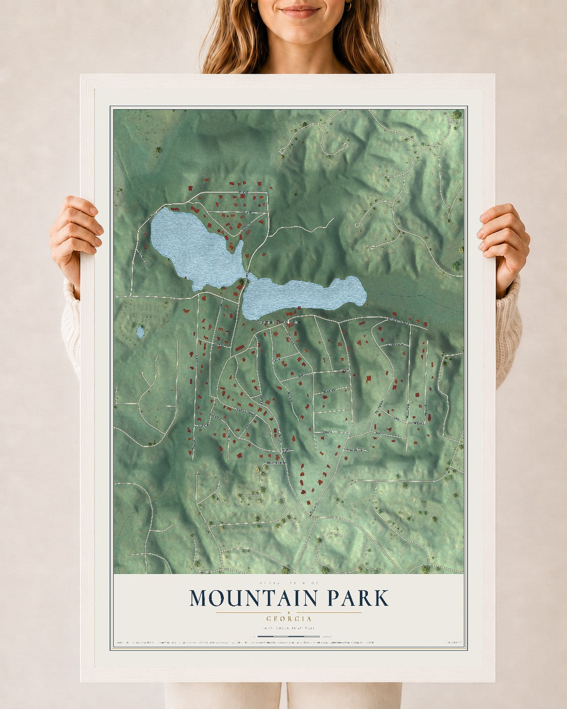 Mountain Park, Georgia map print, 24" x 36" W/ White Ayous Wood Frame mockup