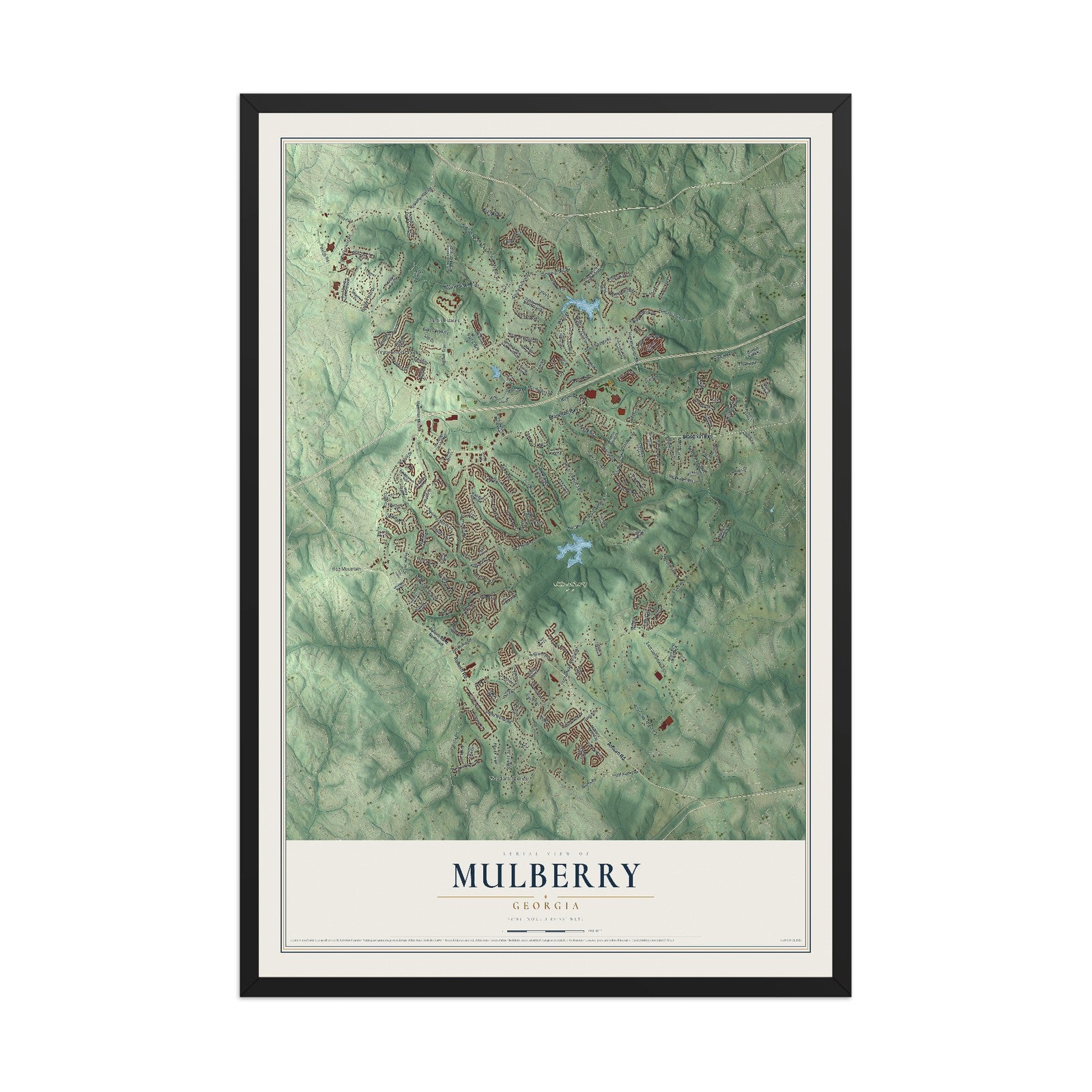 Mulberry, Georgia map print, 12" x 18" W/ Black Ayous Wood Frame mockup