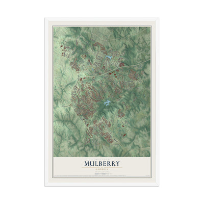 Mulberry, Georgia map print, 12" x 18" W/ White Ayous Wood Frame mockup