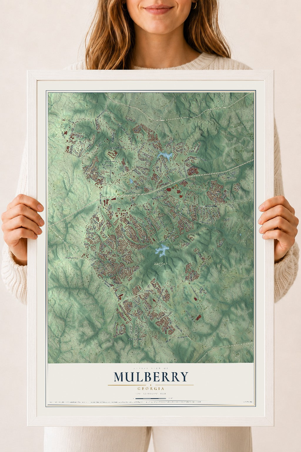 Mulberry, Georgia map print, 18" x 24" W/ White Ayous Wood Frame mockup