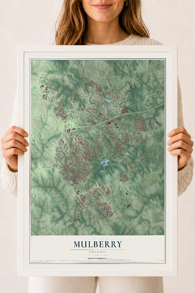 Mulberry, Georgia map print, 18" x 24" W/ White Ayous Wood Frame mockup