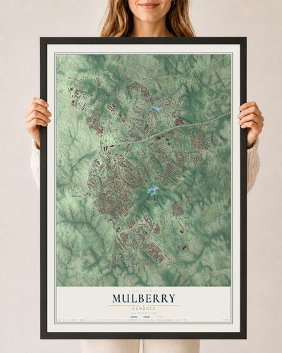 Mulberry, Georgia map print, 24" x 36" W/ Black Ayous Wood Frame mockup