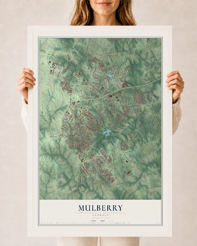 Mulberry, Georgia map print, 24" x 36" W/ White Ayous Wood Frame mockup