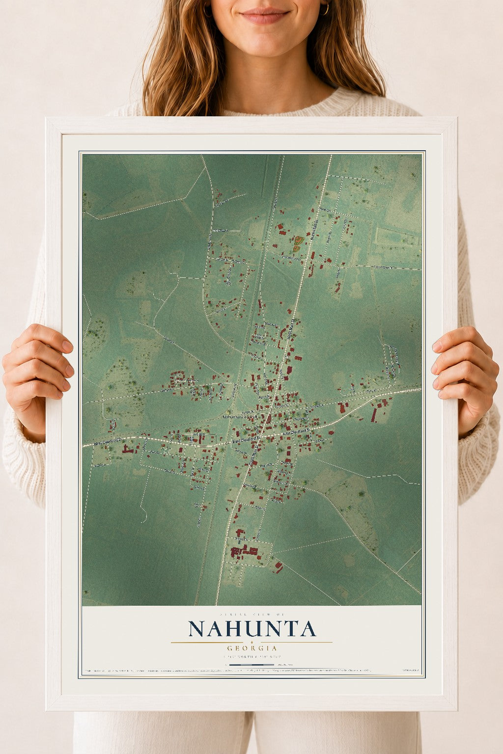 Nahunta, Georgia map print, 18" x 24" W/ White Ayous Wood Frame mockup